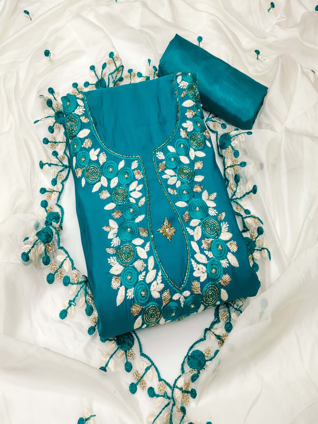 

MANVAA Floral Embroidered Sequinned Unstitched Dress Material, Teal