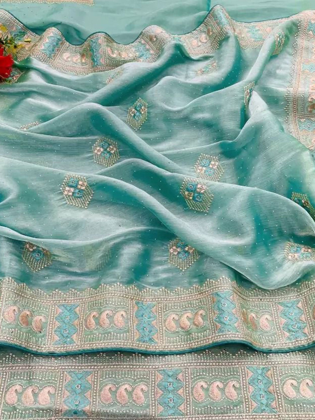 

SAADHVI Embellished Beads and Stones Organza Fusion Saree, Teal