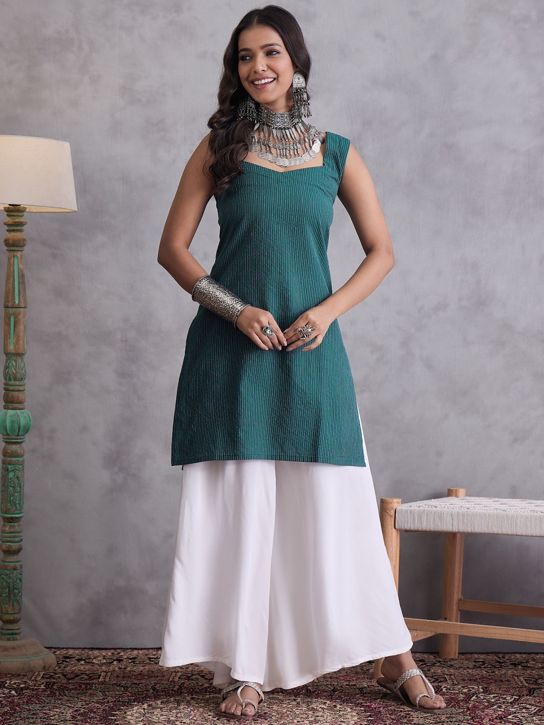 

InWeave Striped Pure Cotton Straight Kurti With Palazzo, Green