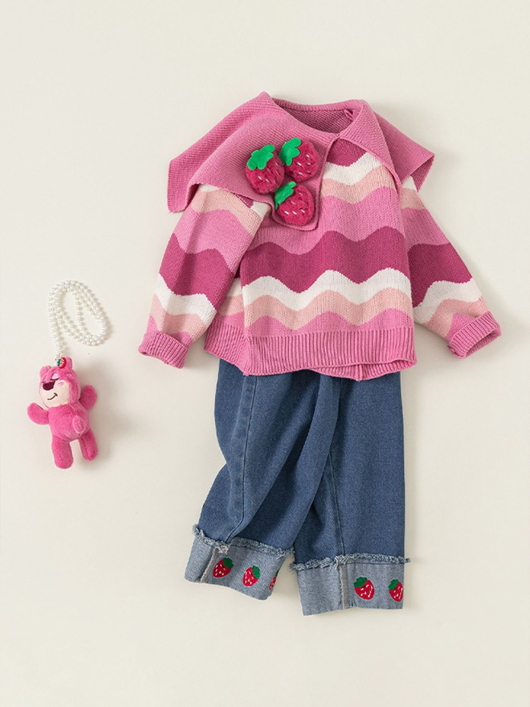 

LULU & SKY Girls Striped Above The Keyboard Collar Sweater, Pink