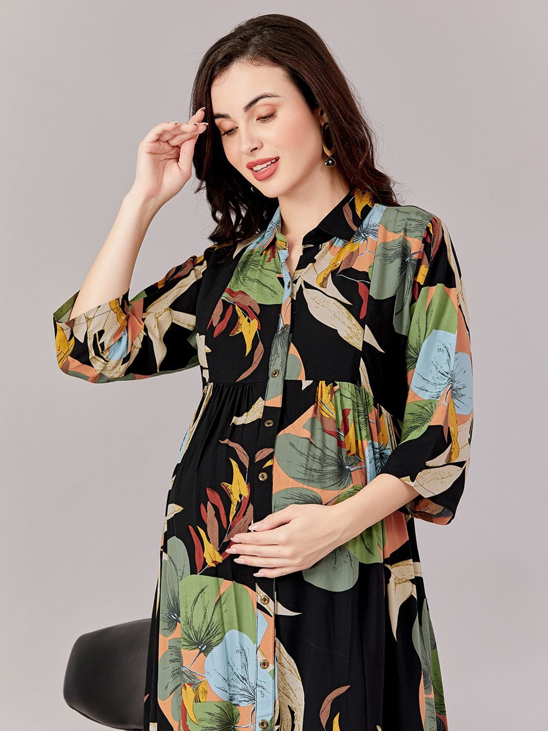

LOVELY MOM'S Women Floral Print A-Line Dress, Black
