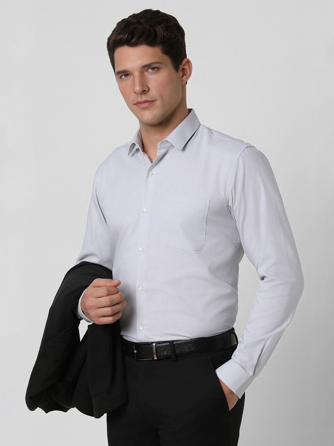 

Peter England Men Slim Fit Spread Collar Textured Cotton Formal Shirt, Grey