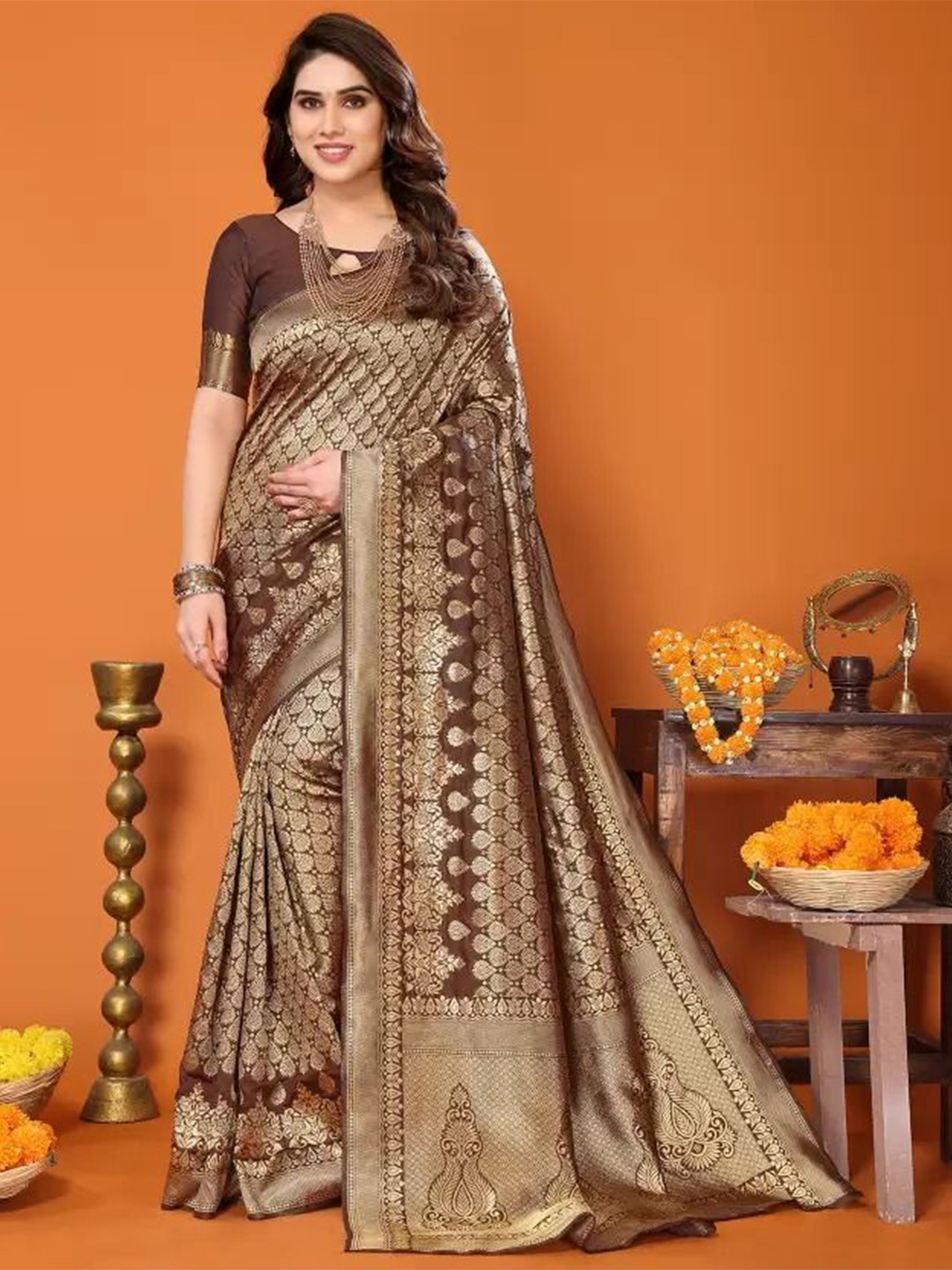 

SAADHVI Woven Design Zari Pure Silk Zari Fusion Saree, Brown