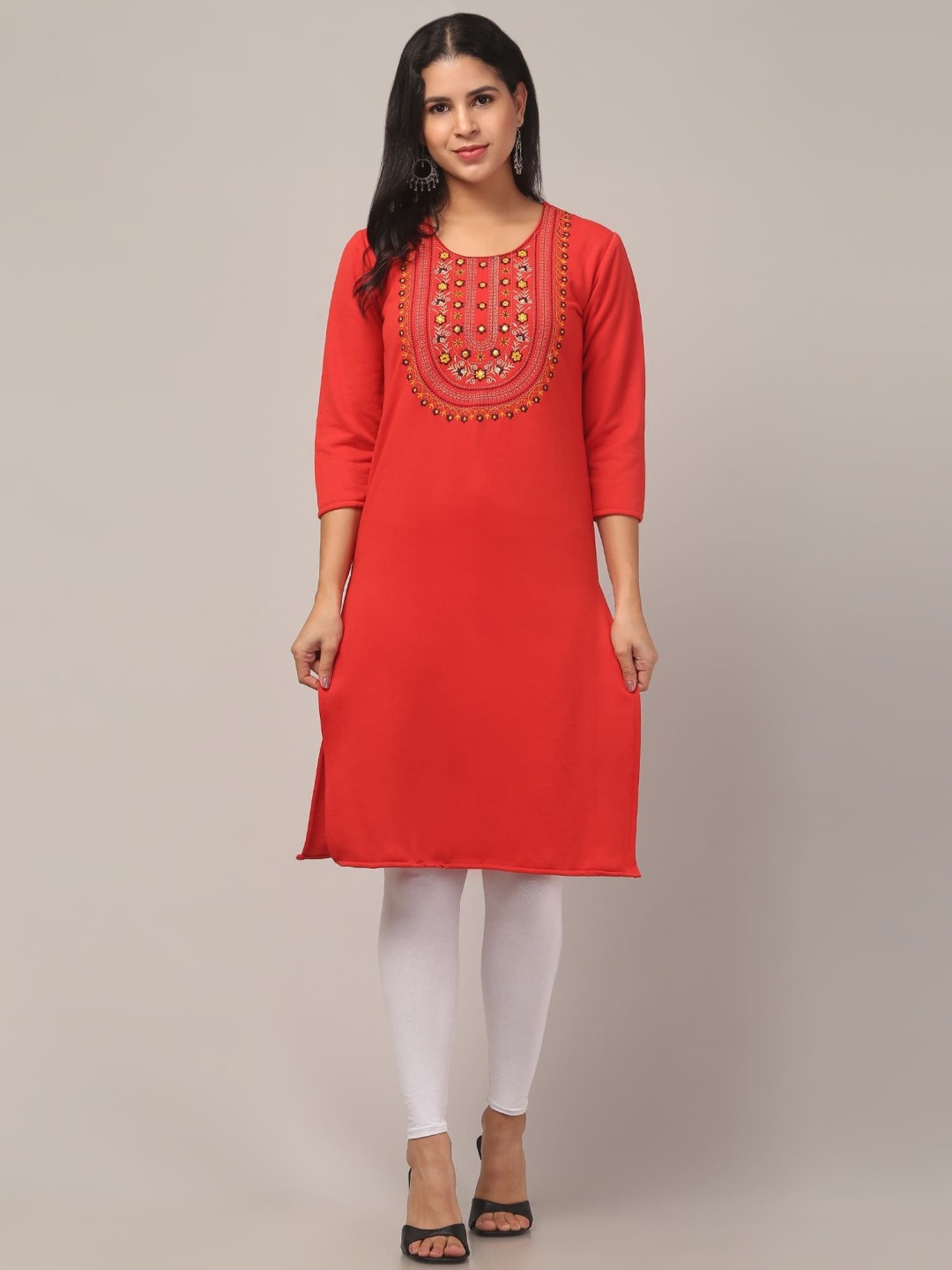 

FAMBEE Floral Embroidered Round Neck Mirror Work Woollen Straight Kurta, Rust