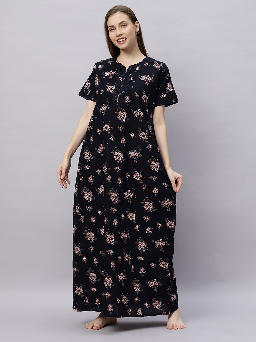 

QUIRA Women Floral Printed Maxi Nightdress, Navy blue