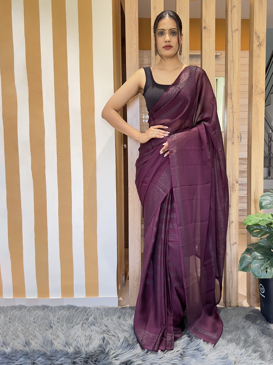 

DIVASTRI Pure Chiffon Ready to Wear Jamdani Saree, Purple