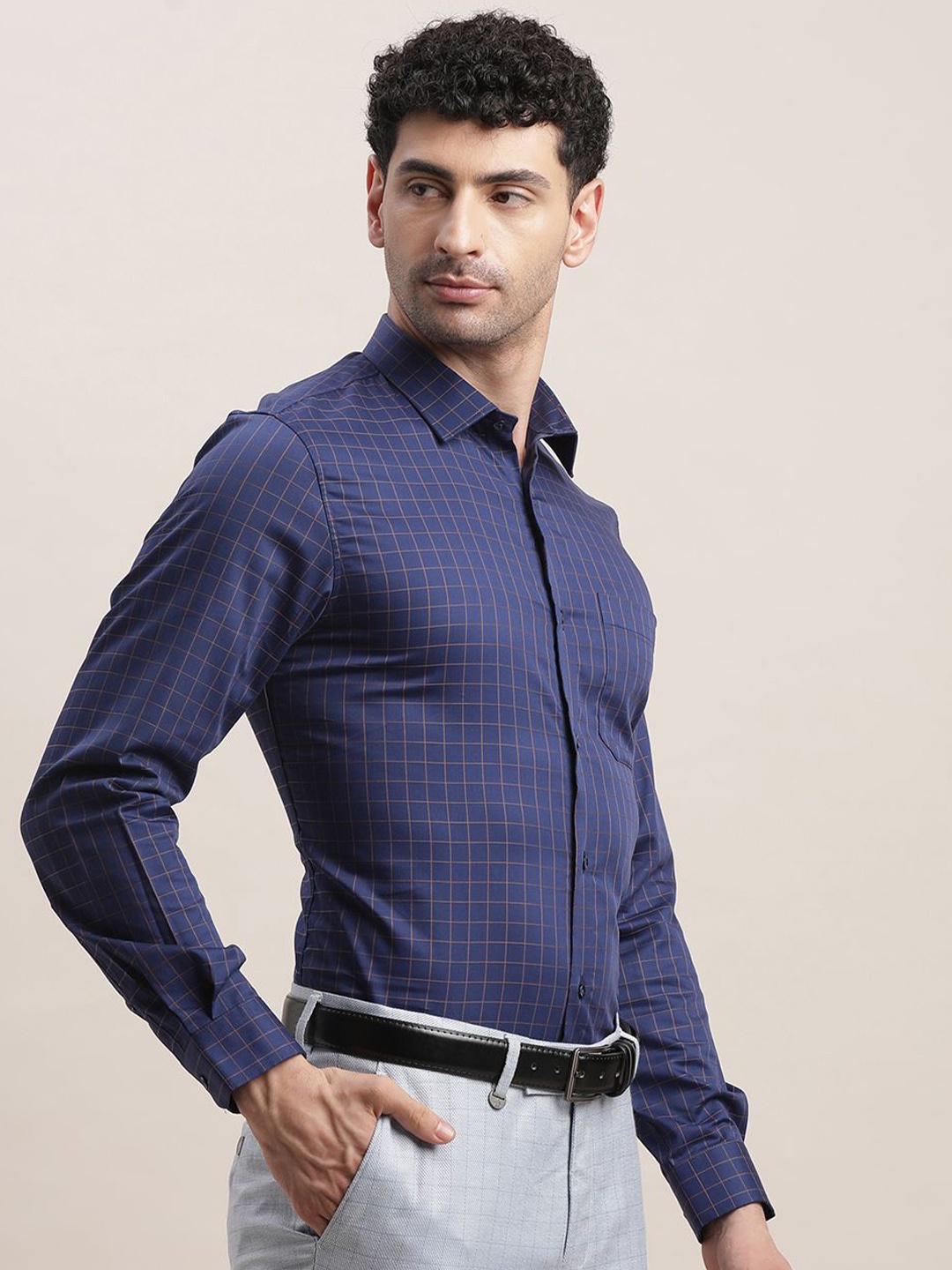 

Turtle Men Standard Slim Fit Spread Collar Grid Tattersall Checked Cotton Formal Shirt, Blue