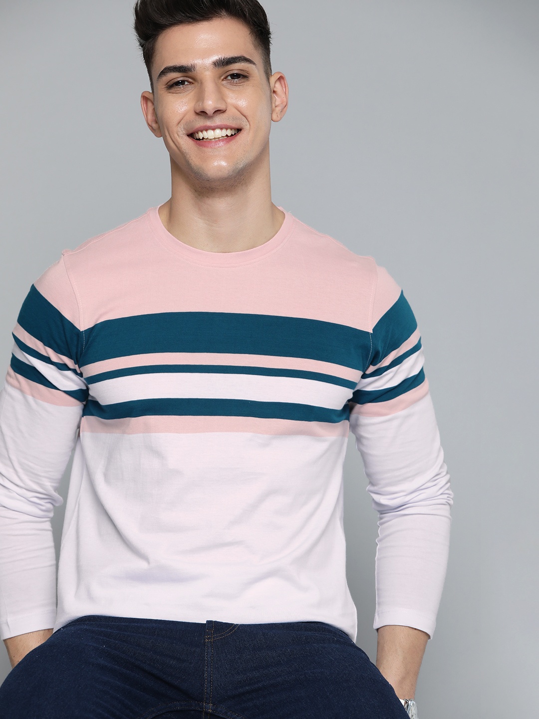 

Mast & Harbour Men White & Peach-Coloured Striped Pure Cotton T-shirt