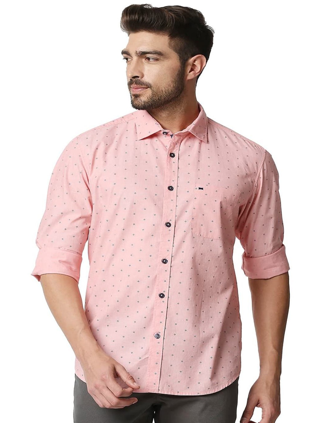 

Basics Men Slim Fit Spread Collar Floral Printed Cotton Casual Shirt, Peach