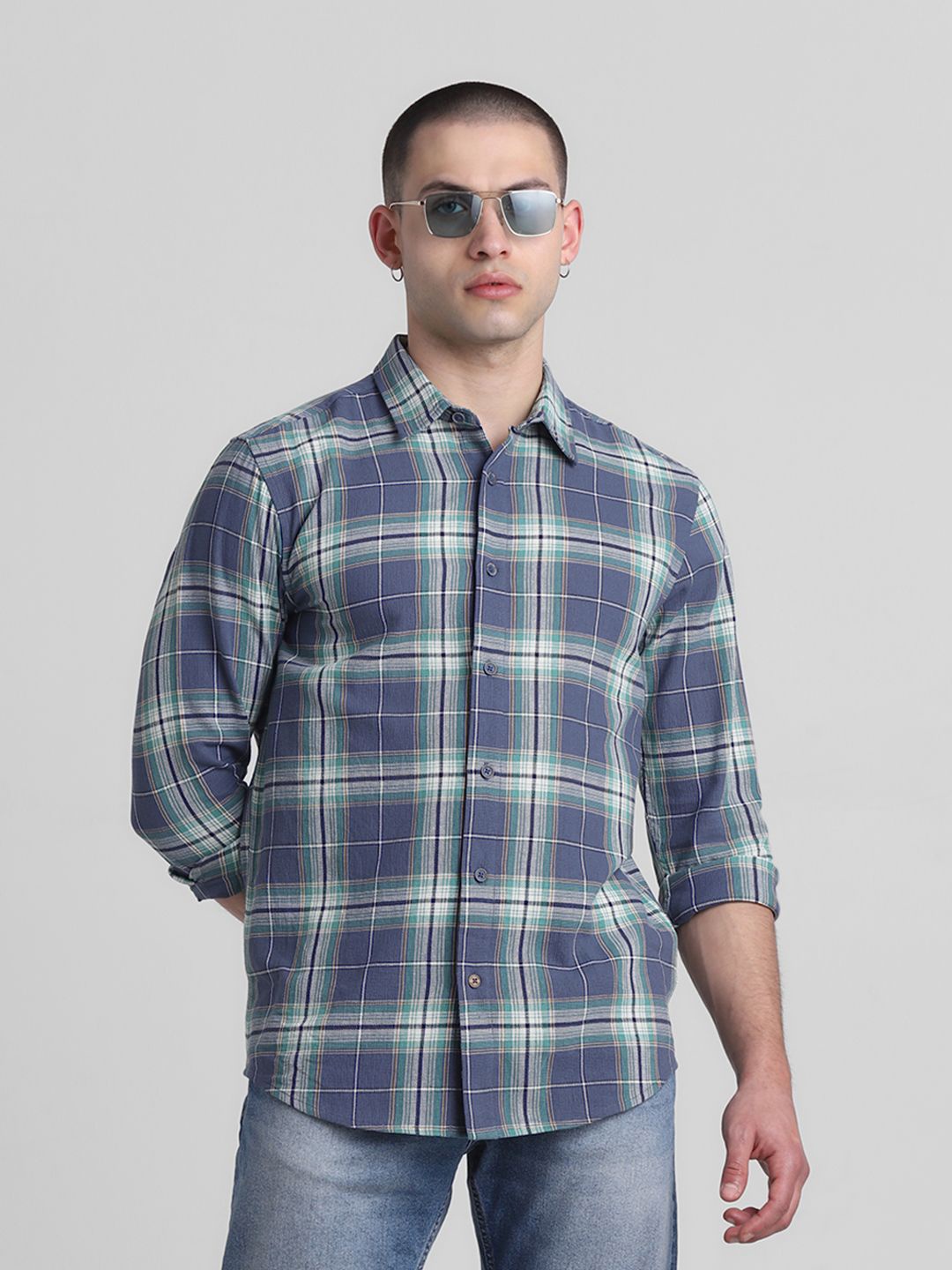 

Jack & Jones Men Spread Collar Tartan Checked Cotton Casual Shirt, Blue