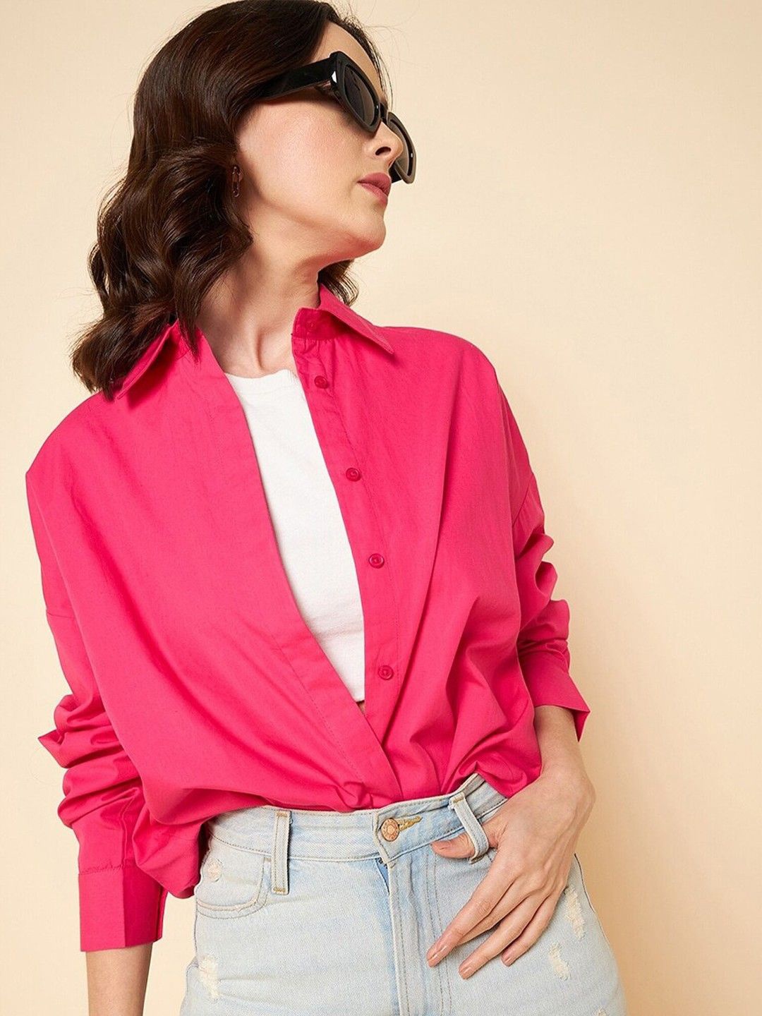 

WHY SO FAB Women Comfort Oversized Fit Spread Collar Solid Cotton Casual Shirt, Pink