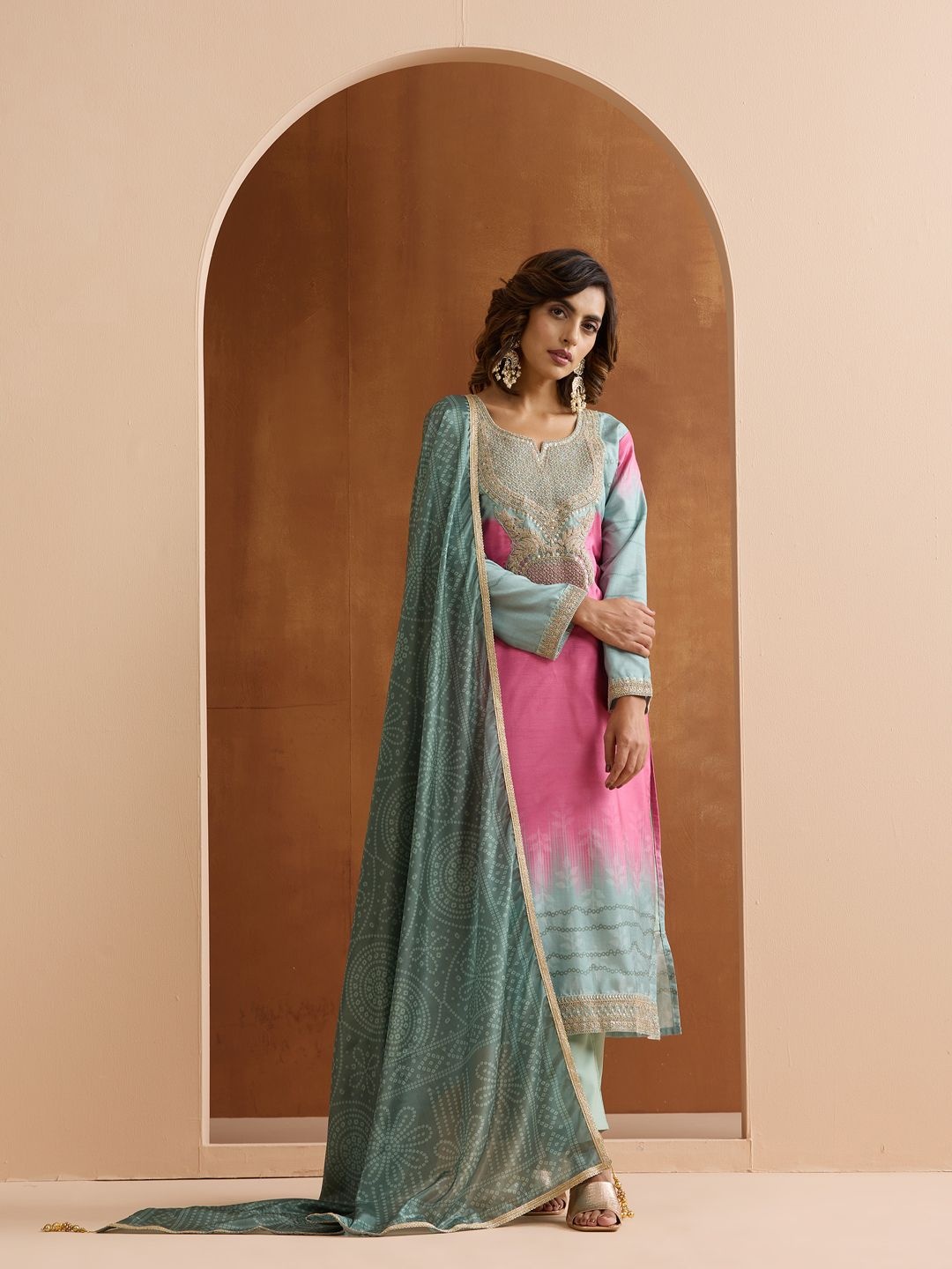 

Ishin Ethnic Motifs Embroidered Zari Work Straight Kurta with Trousers & Dupatta, Pink