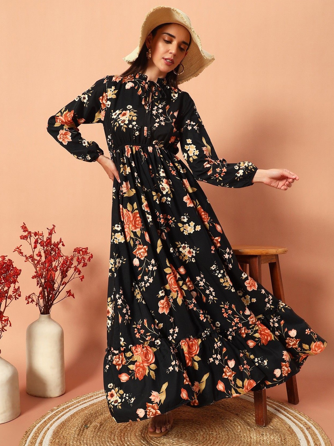 

Krunal Raiyani Women Floral Print Tie-Up Fit & Flare Dress, Gold