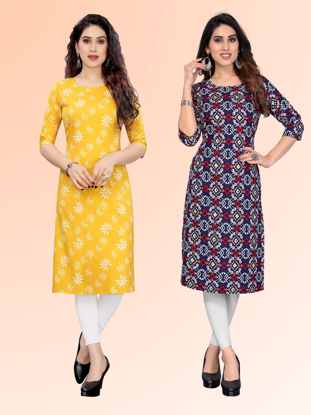 

KETAKI FASHION Selection Of 2 Floral Printed Round Neck Straight Kurtas, Yellow