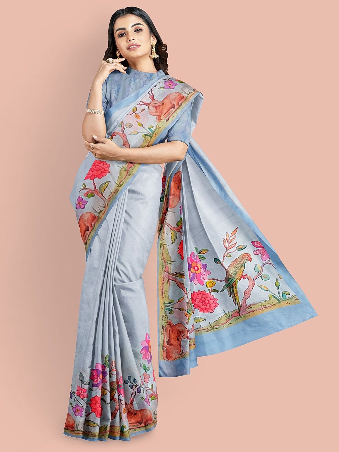 

Avyay Creation Floral Printed Silk Crepe Saree, Blue