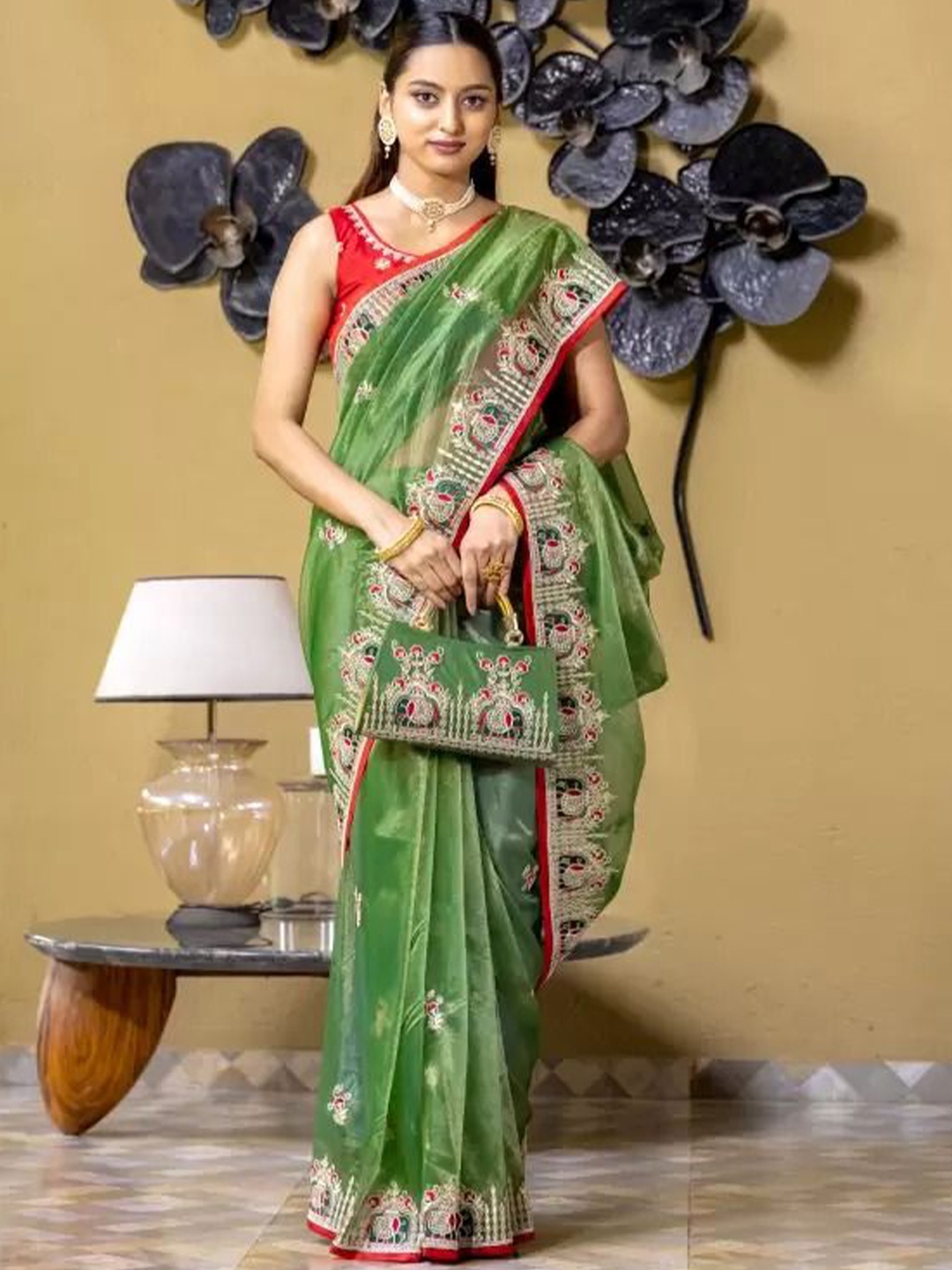 

SAADHVI Embellished Embroidered Designer Saree, Green