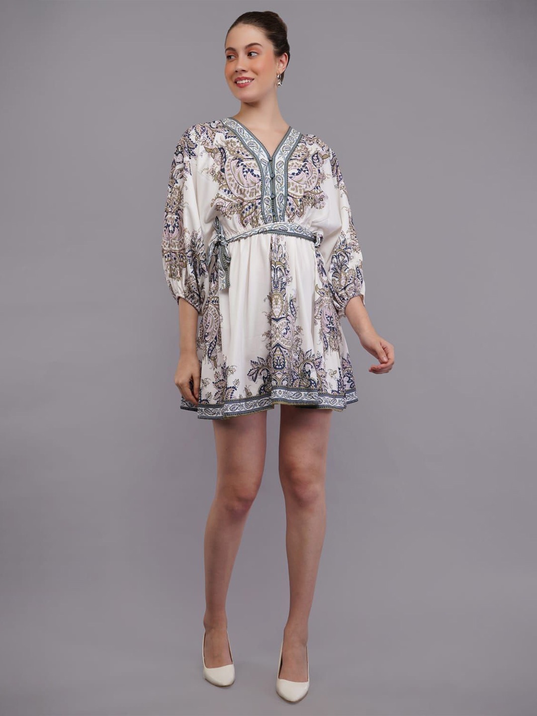

HIGH BUY Animal Print Chiffon Kaftan Mini Dress, Olive
