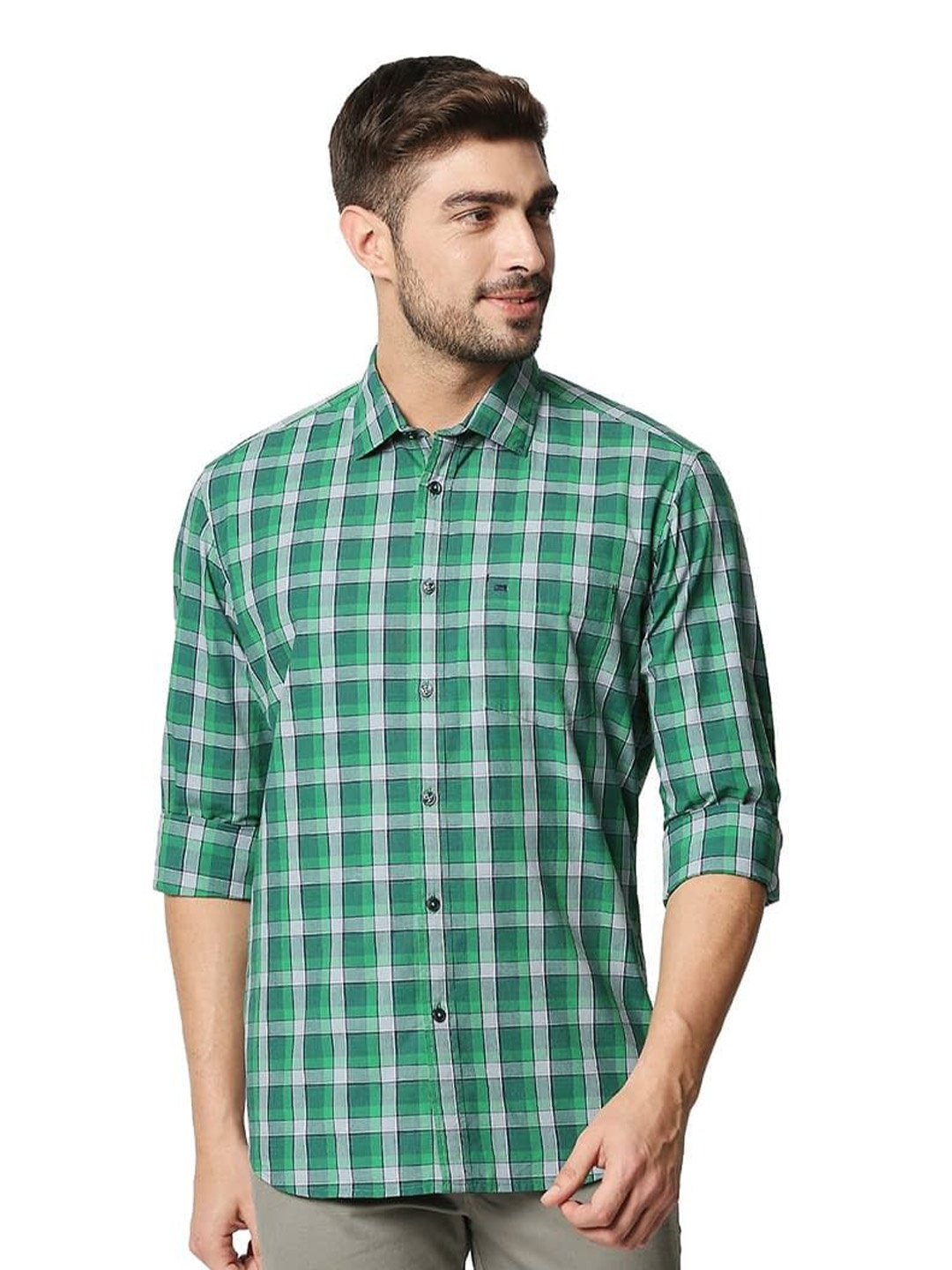 

Basics Men Slim Fit Spread Collar Tartan Checked Cotton Casual Shirt, Green