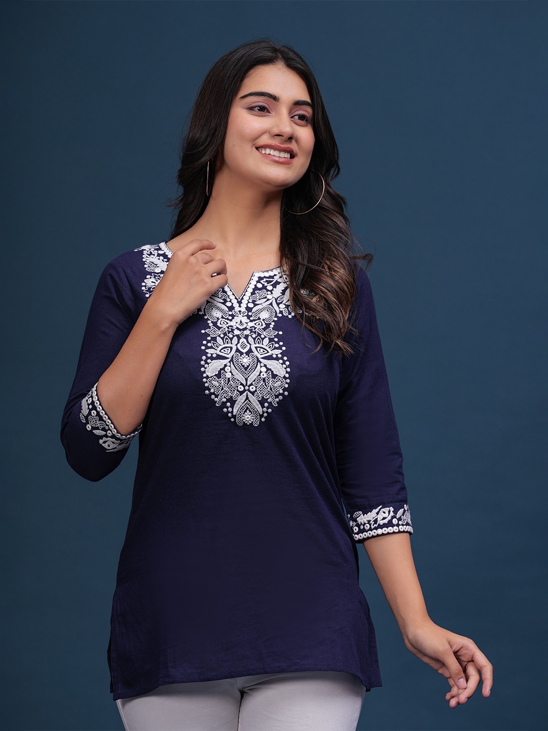 

PINGAKSH Women Ethnic Motifs Embroidered Peplum Top, Navy blue