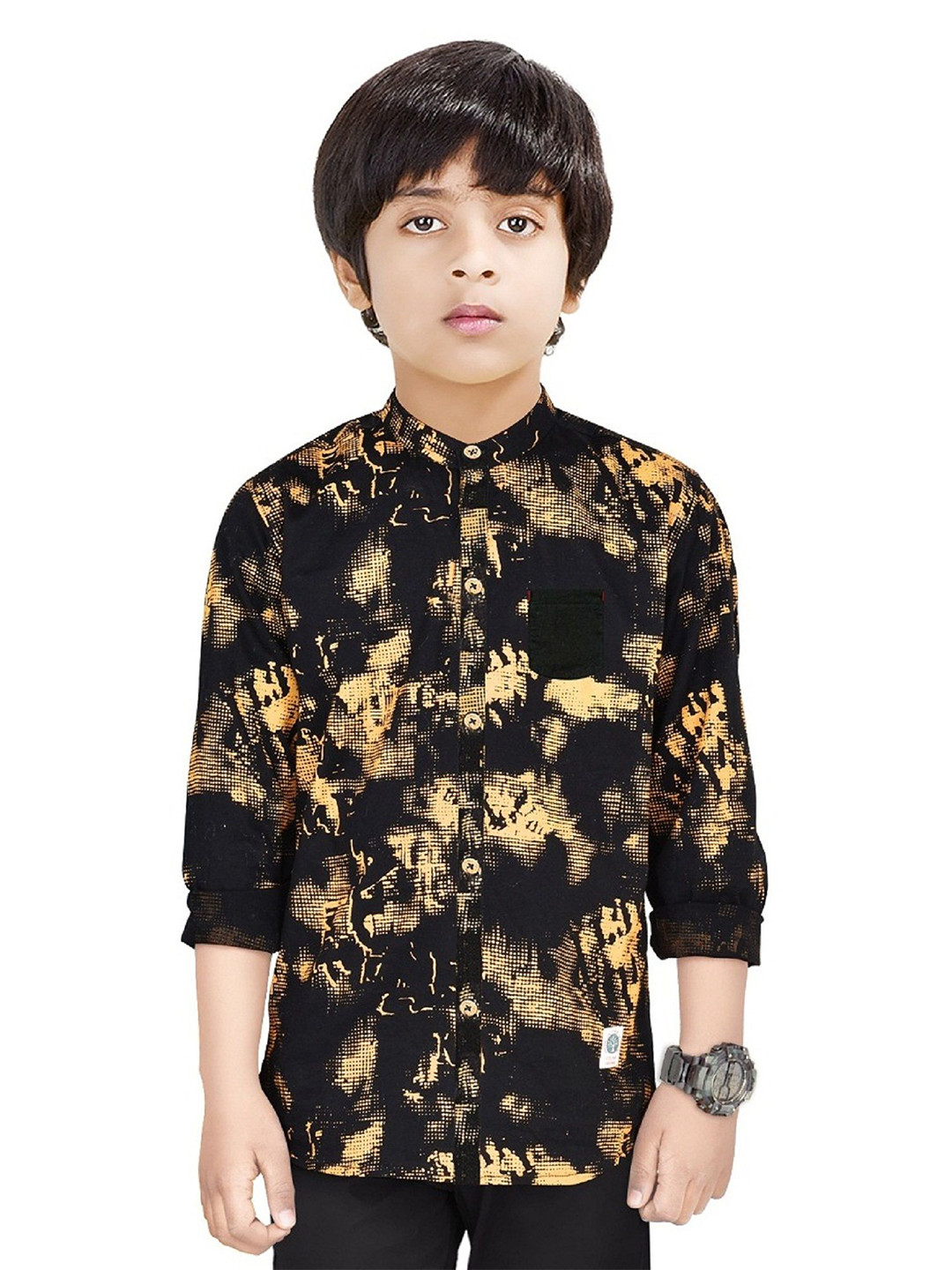 

MADE IN THE SHADE Boys Band Collar Abstract Printed Cotton Casual Shirt, Black