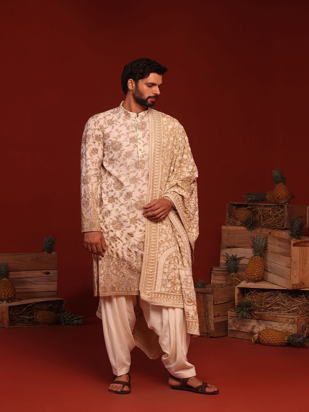 

KALPRAAG Madhur Floral Embroidered Sequinned Mandarin Collar Kurta with Patiala & Dupatta, Cream