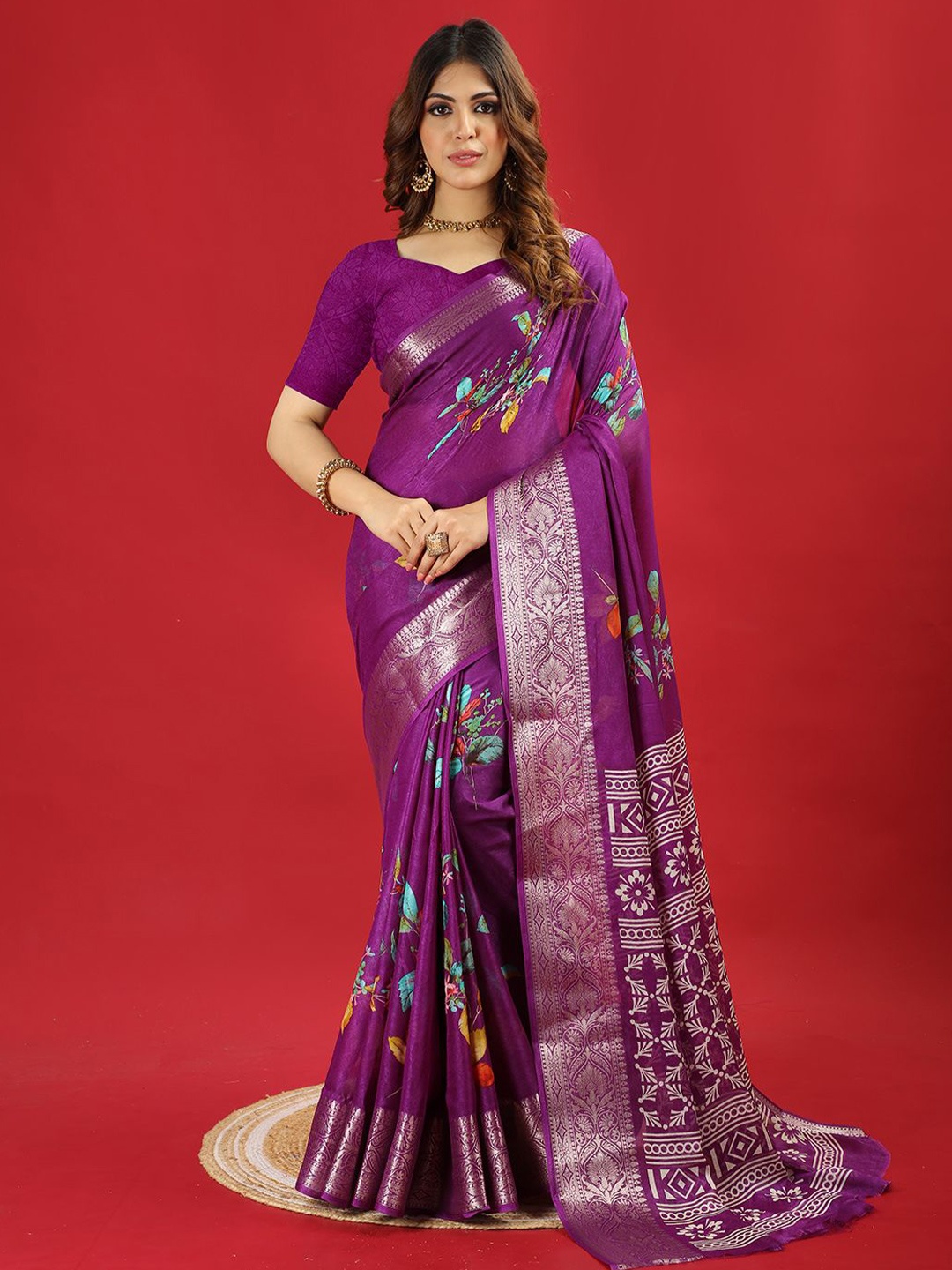

NIRMAL CREATION Floral Zari Poly Chiffon Saree, Purple