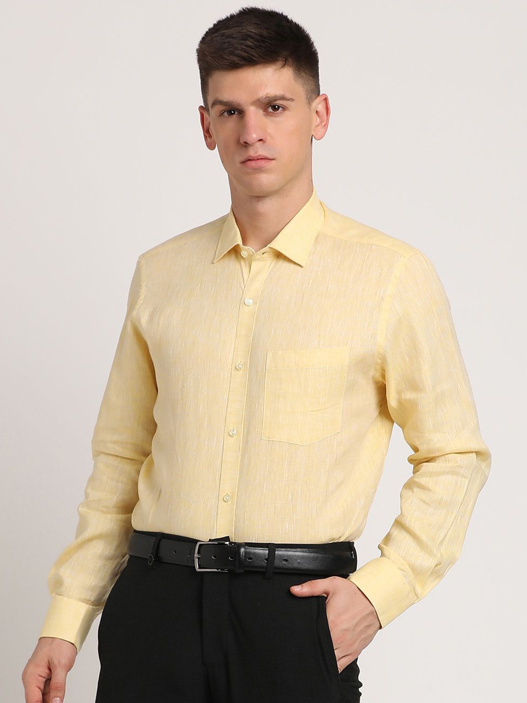 

Turtle Men Standard Fit Spread Collar Textured Linen Casual Shirt, Yellow