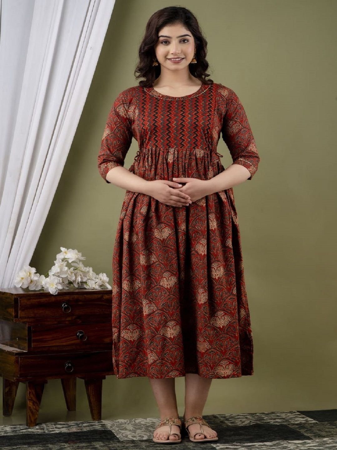 

Nevisha Style Ethnic Motifs Printed Round Neck Gotta Patti Maternity Cotton Anarkali Kurta, Brown