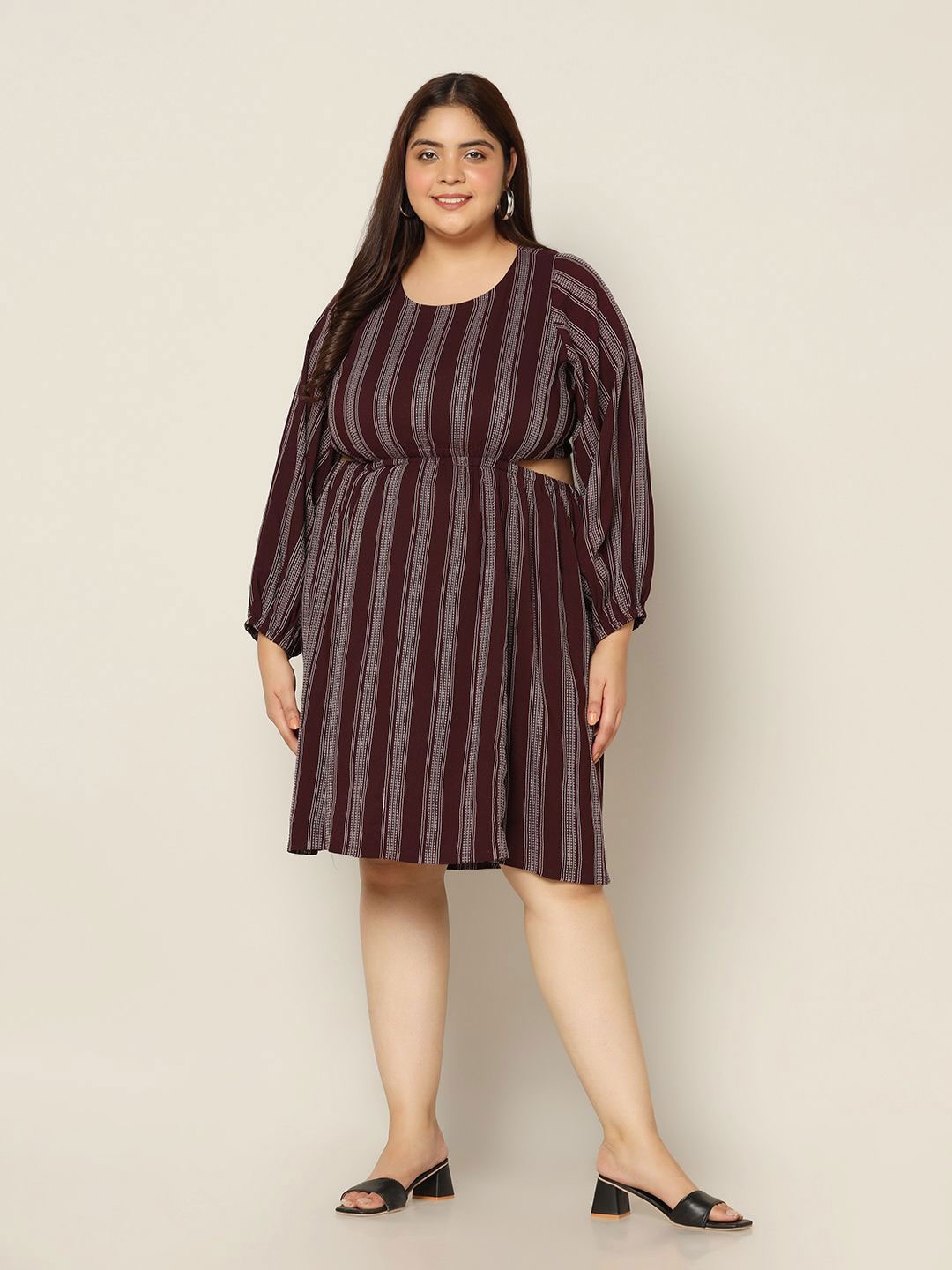 

Moda Rapido Plus Size Striped Fit & Flare Dress With Cut-Outs, Maroon