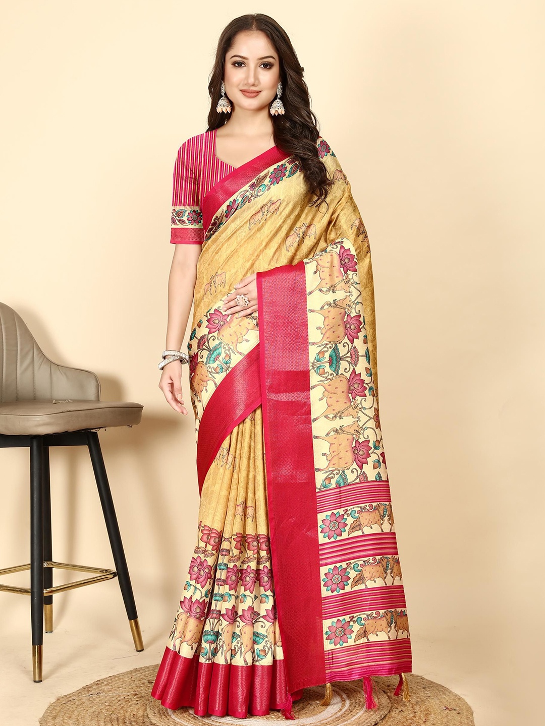 

J 6 DESIGNER Floral Zari Saree, Yellow