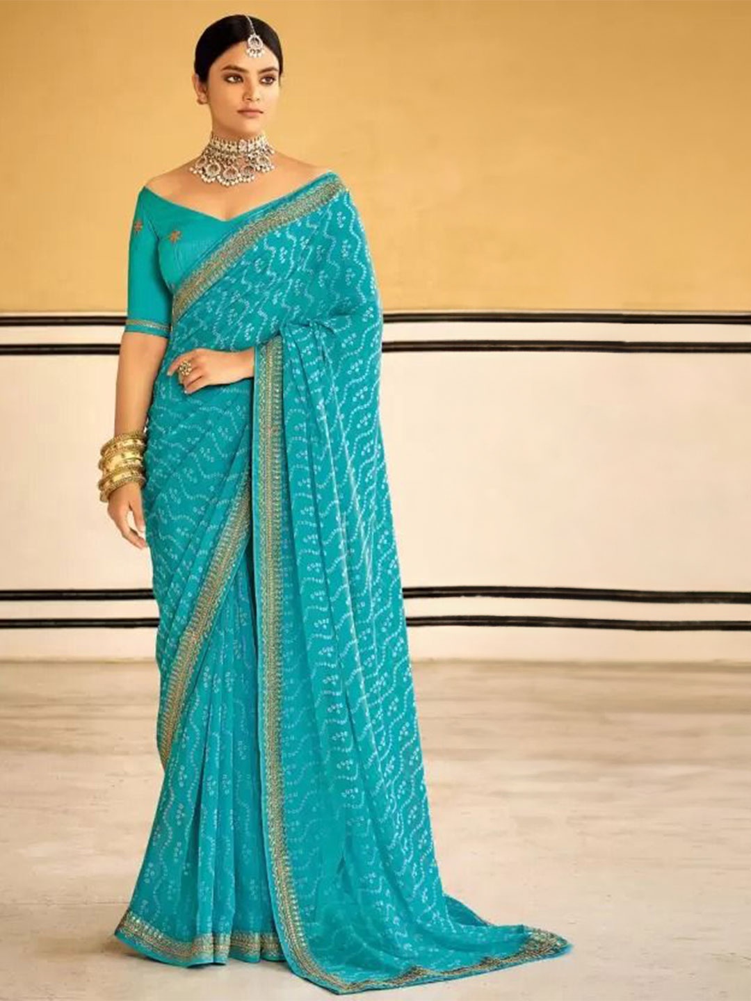 

SAADHVI Embellished Zari Pure Georgette Designer Saree, Blue