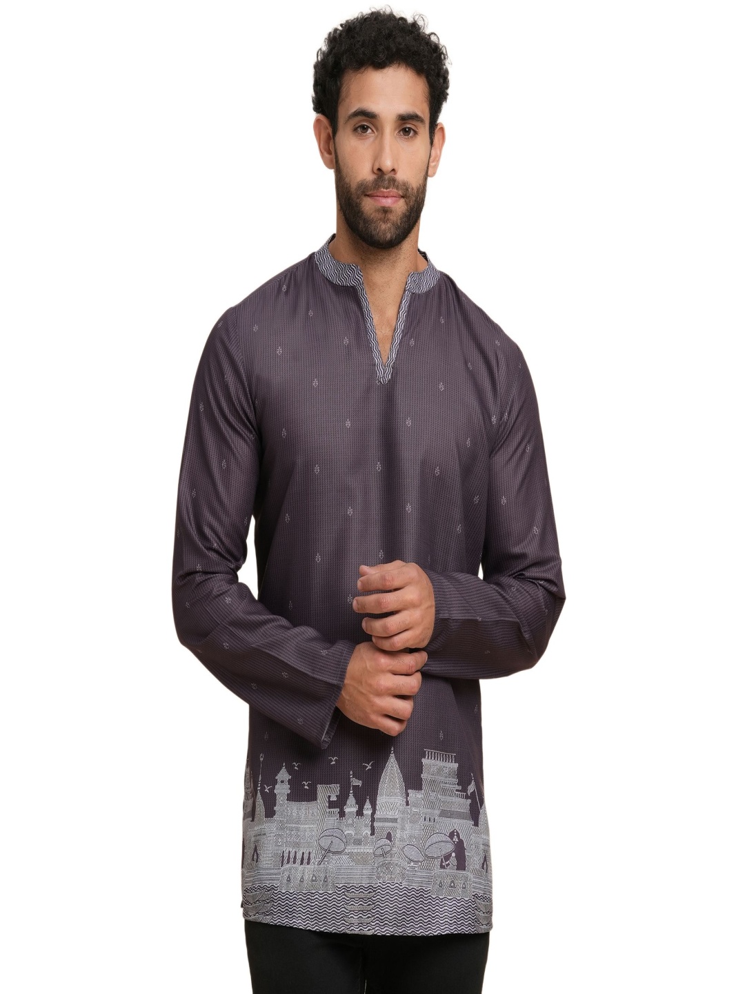 

ARCHATTIRE Striped Woven Design Mandarin Collar Cotton Straight Short Kurta, Grey