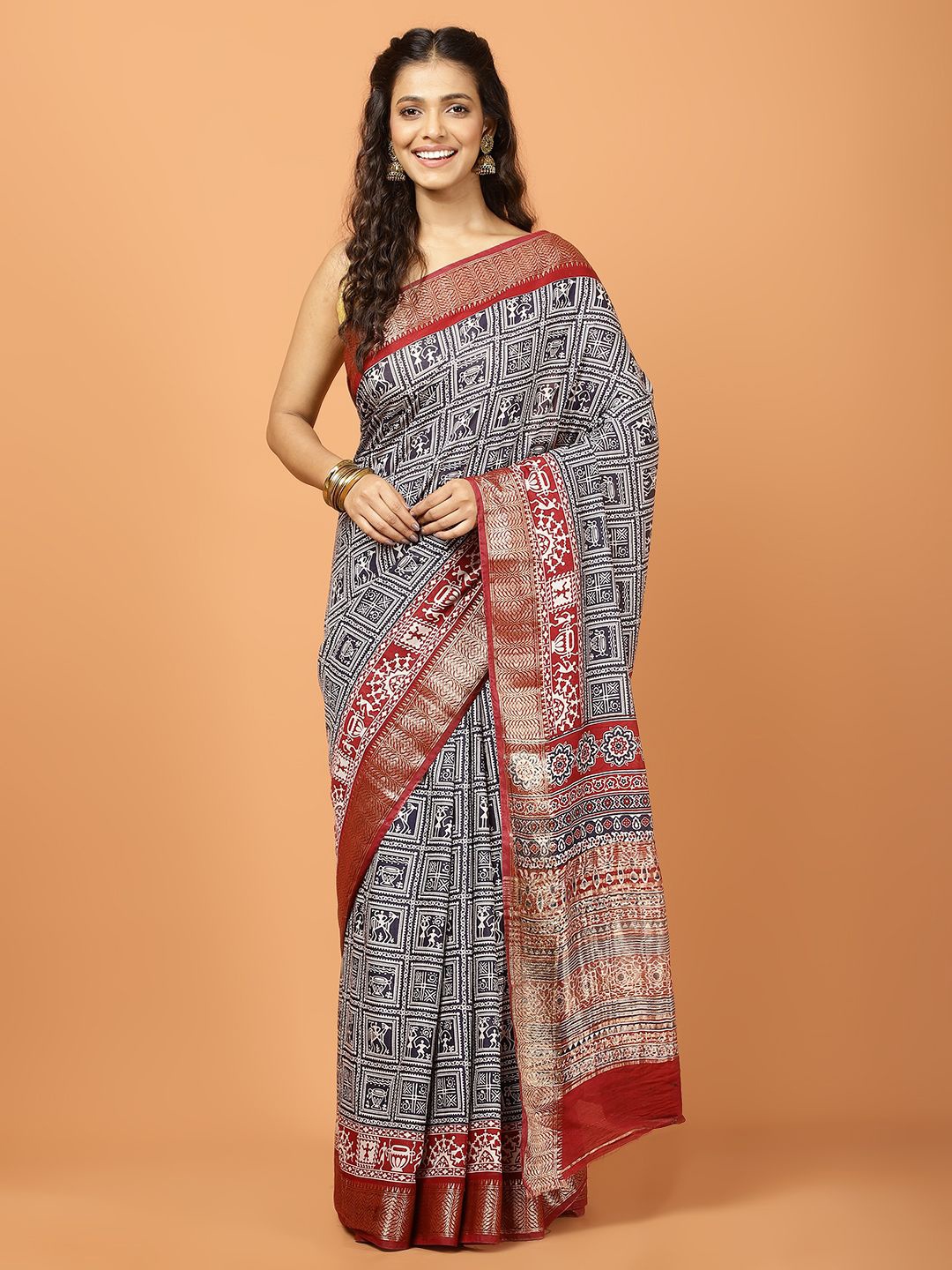 

Meena Bazaar Ethnic Motifs Printed Zari Woven Design Saree, Navy blue