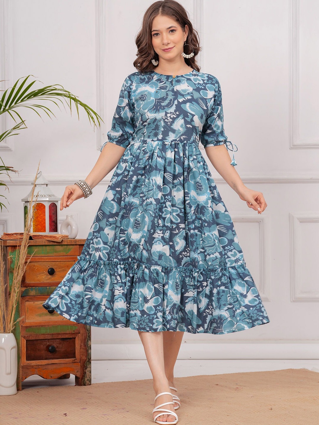 

SITA FASHION HUB Floral Printed Fit & Flare Cotton Midi Dress, Blue
