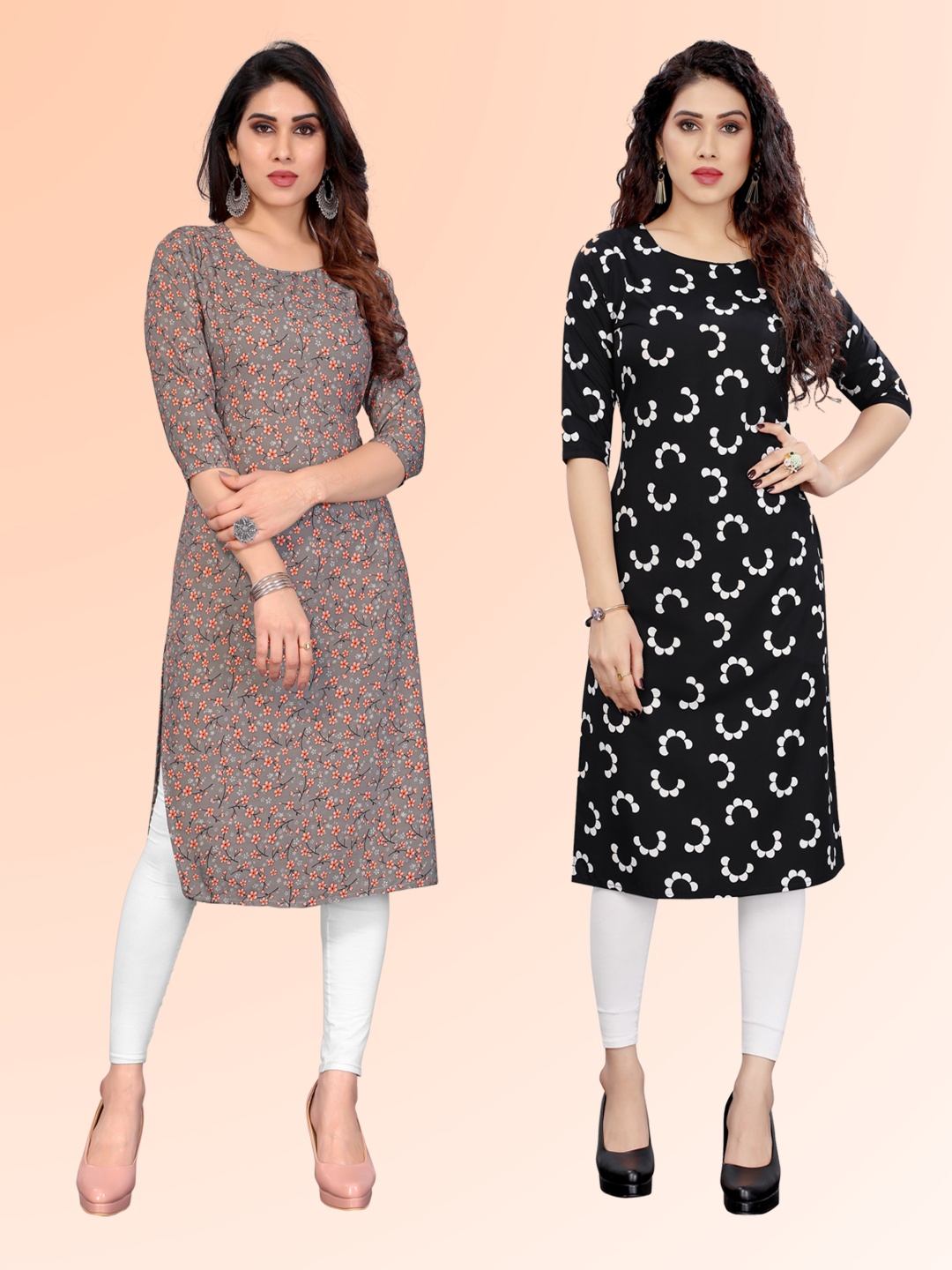 

KETAKI FASHION Selection Of 2 Floral Printed Round Neck Straight Kurtas, Grey