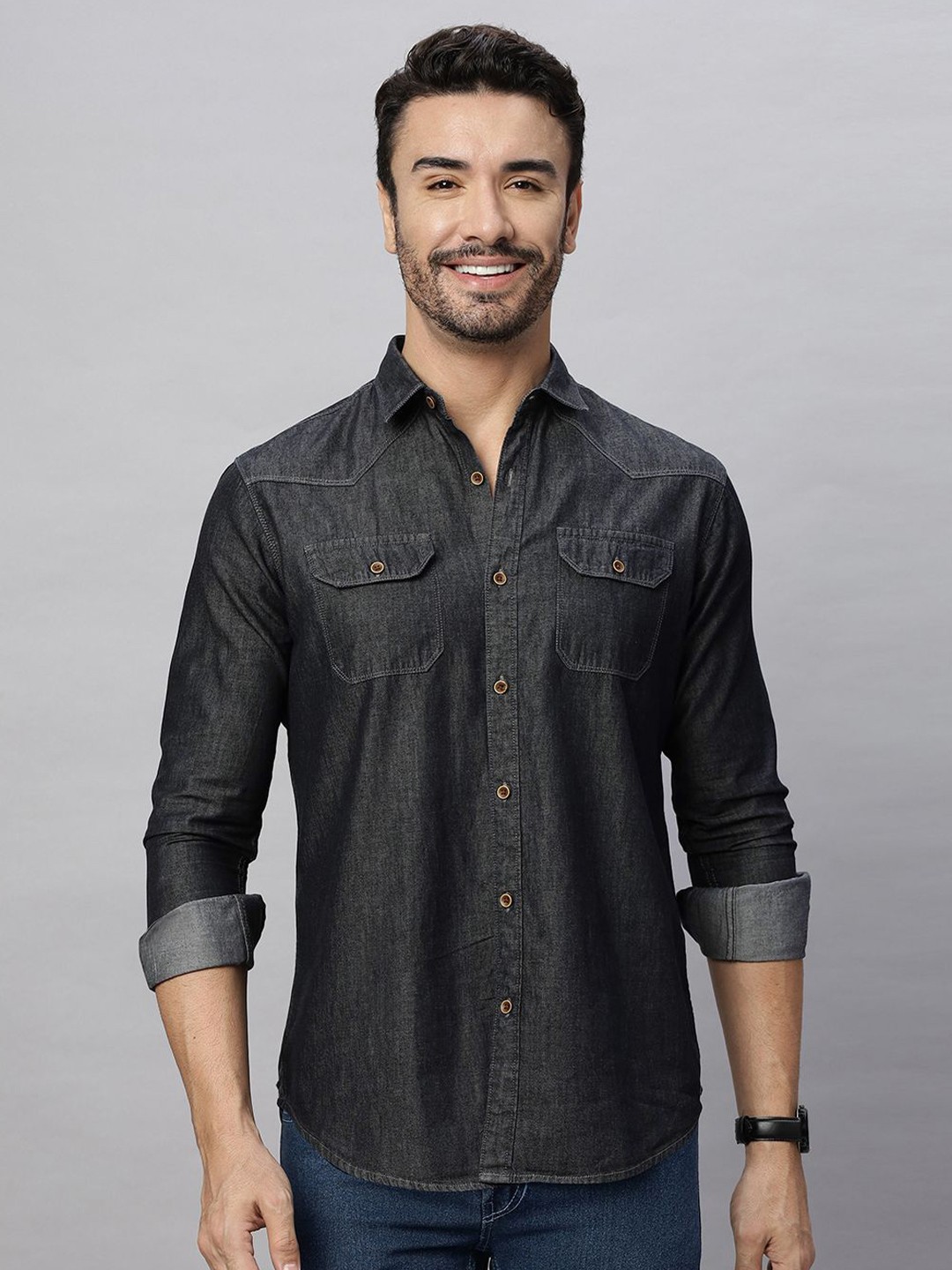 

HJ HASASI Men Relaxed Fit Spread Collar Solid Denim Casual Shirt, Black