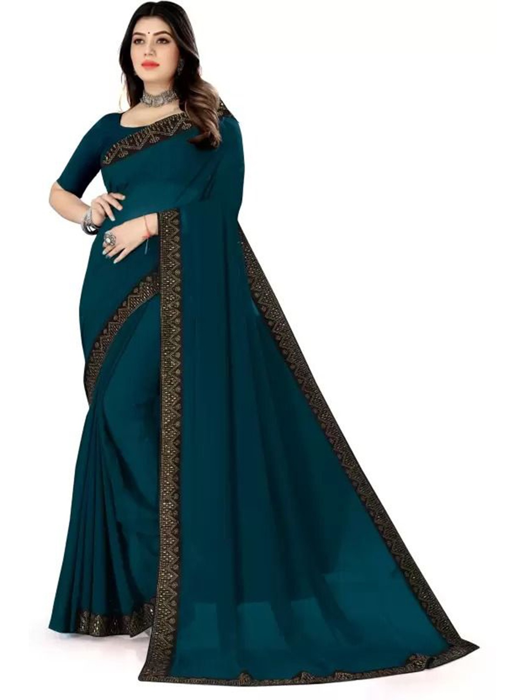 

SAADHVI Beads and Stones Pure Georgette Fusion Saree, Blue