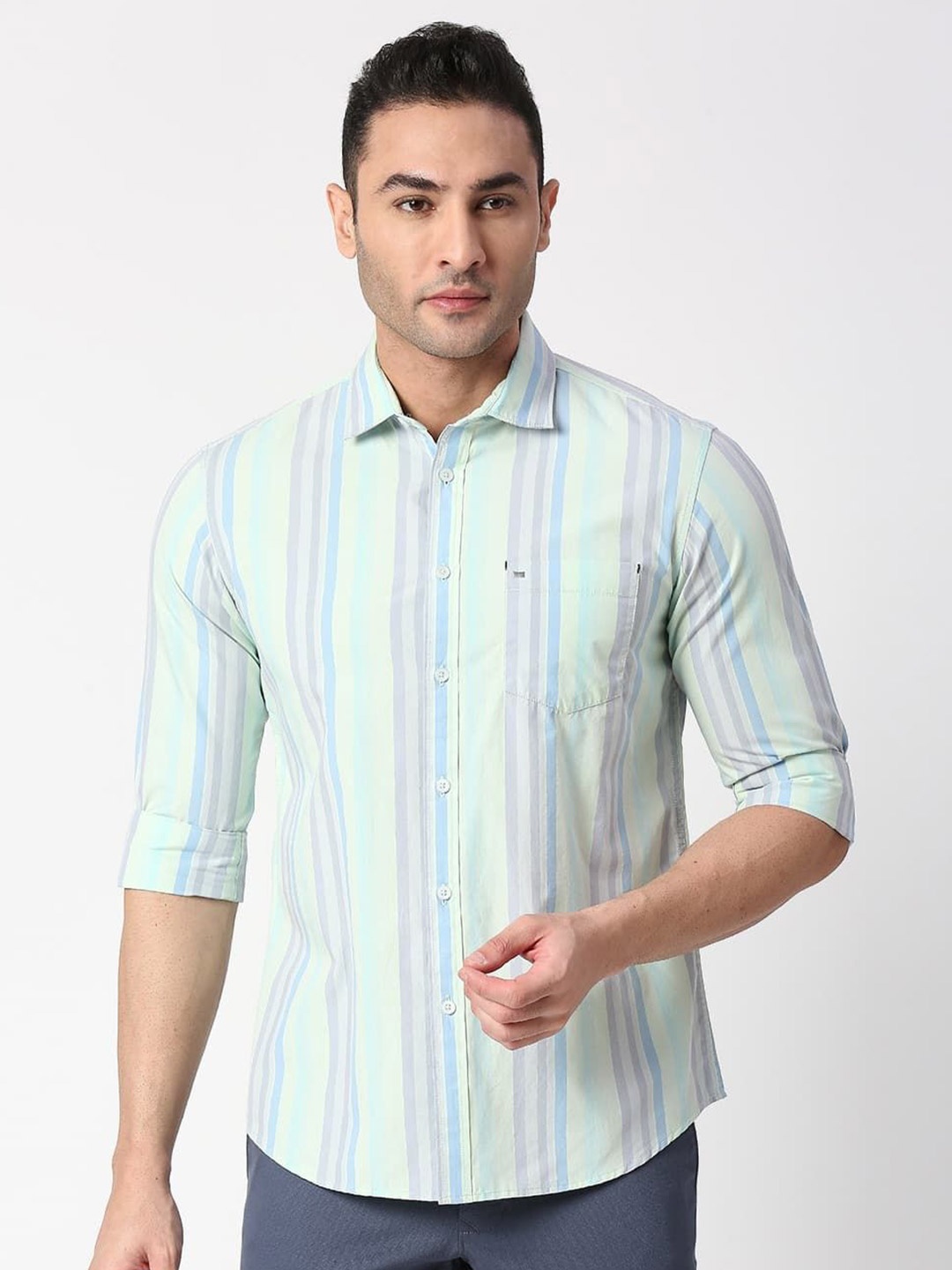 

Basics Men Slim Fit Spread Collar Vertical Striped Cotton Casual Shirt, Green