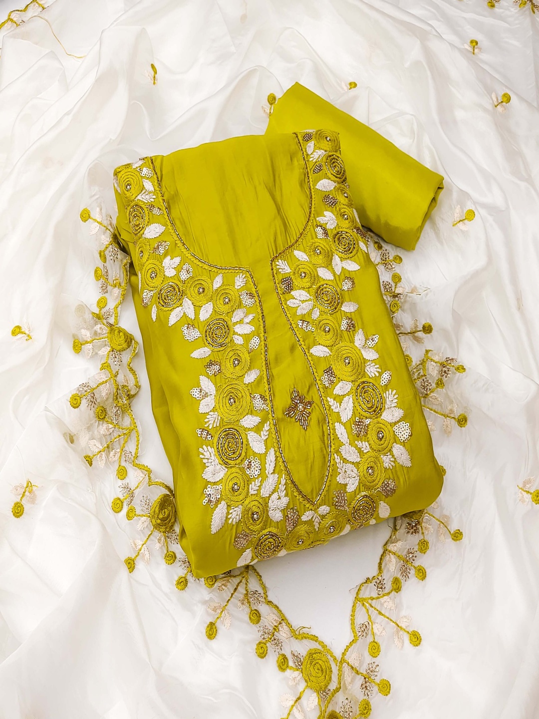 

MANVAA Floral Embroidered Beads and Stones Unstitched Dress Material, Lime green