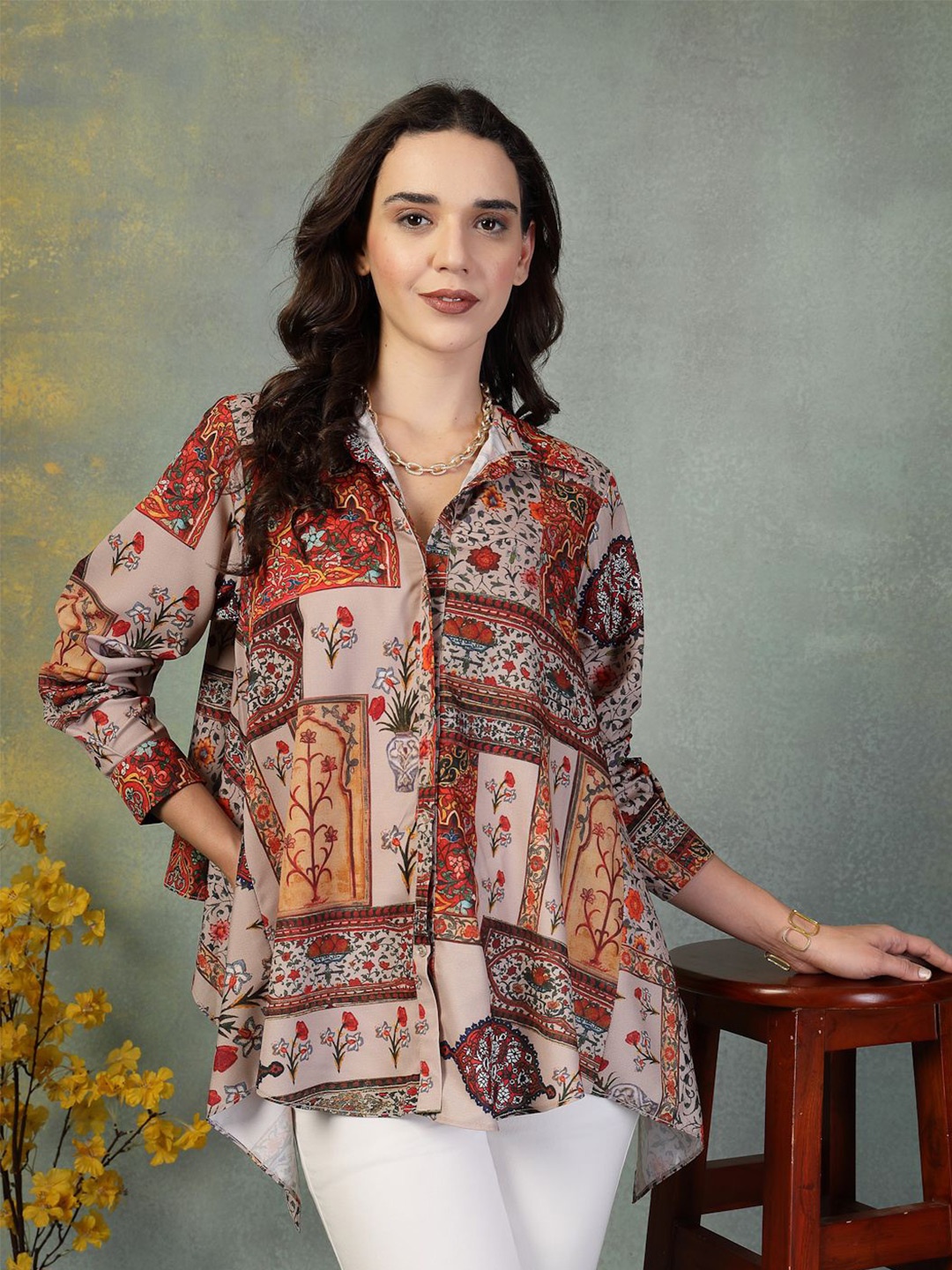 

TANKHI Women Print Shirt Style Top, Beige
