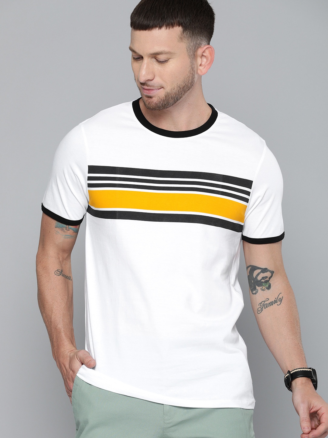 

Harvard Men White Black Striped Round Neck Pure Cotton T-shirt