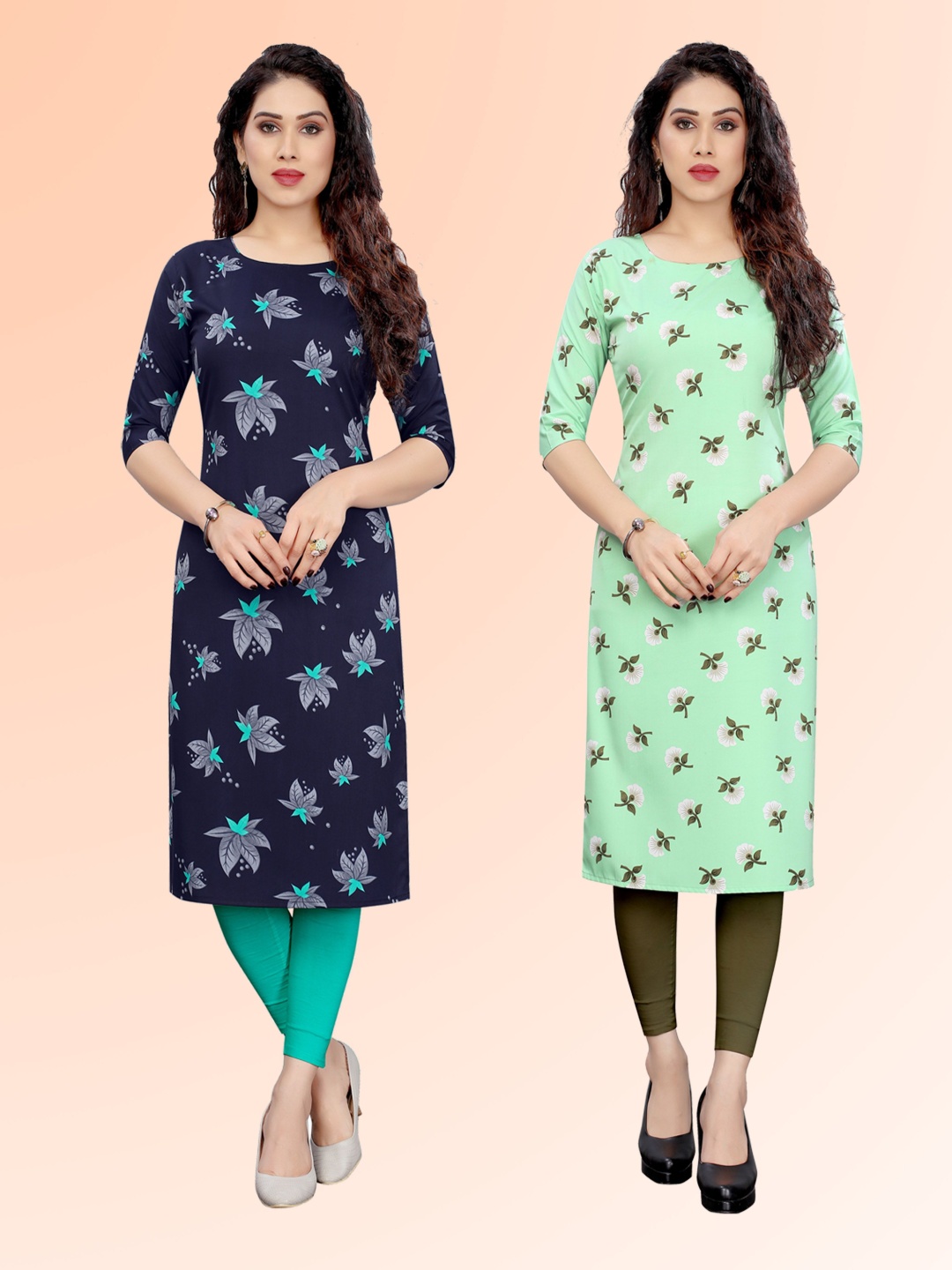 

KETAKI FASHION Selection Of 2 Floral Printed Round Neck Straight Kurtas, Green