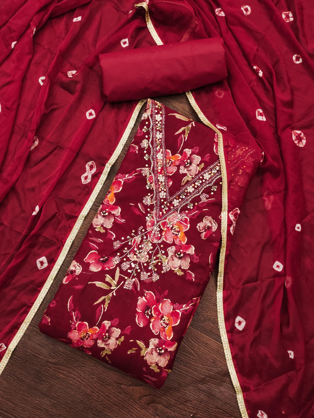 

MANVAA Floral Printed Sequinned Unstitched Dress Material, Maroon