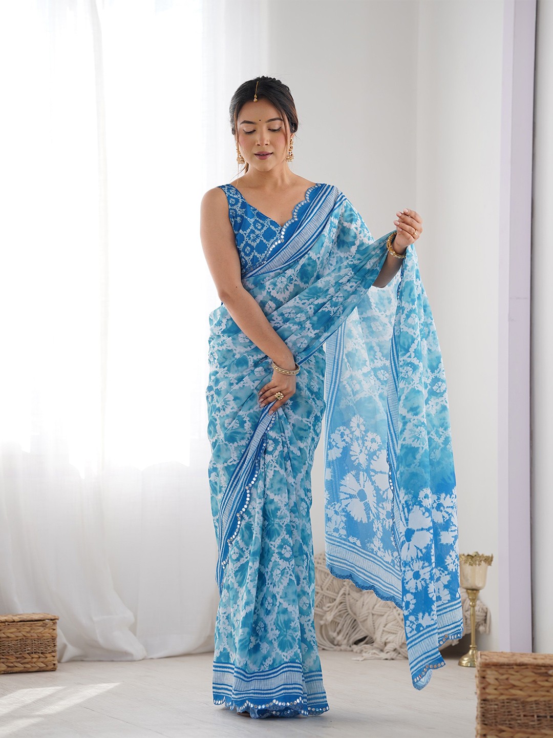 

Kalista Tie and Dye Mirror Work Pure Chiffon Saree, Turquoise blue