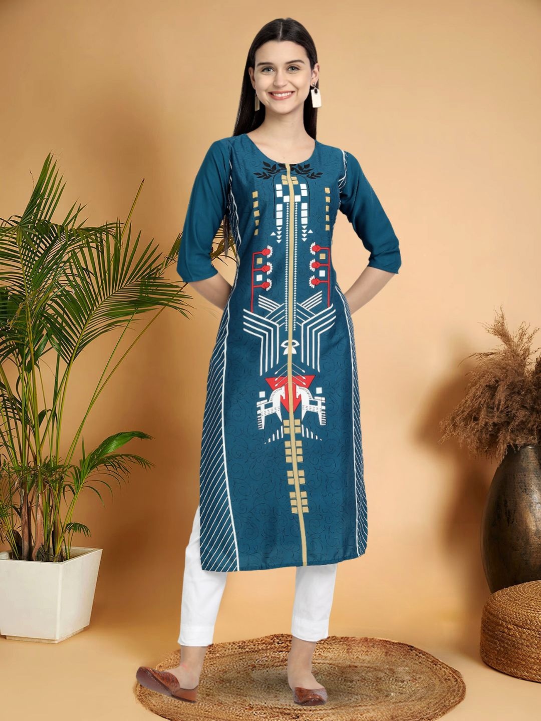 

7Threads Selection of 5 Ethnic Motifs Printed Round Neck Straight Kurta, Blue