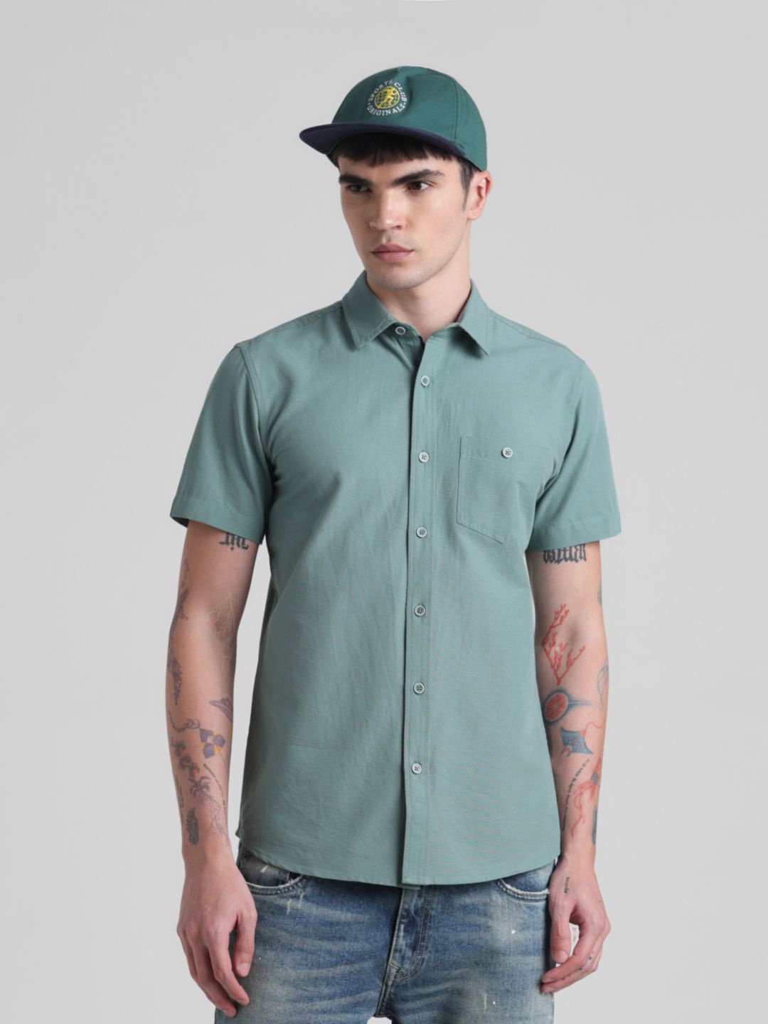 

Jack & Jones Men Spread Collar Solid Cotton Casual Shirt, Green