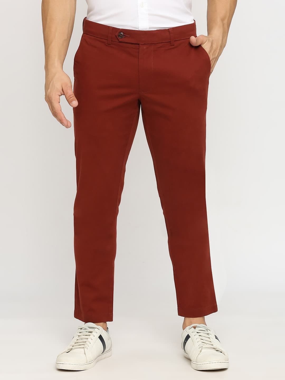

Basics Men Cotton Tapered Fit Regular Trousers, Red