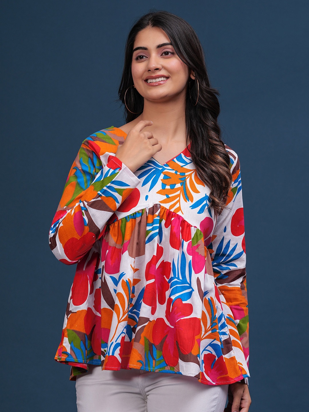 

PINGAKSH Floral Print Cotton Peplum Top, Multi