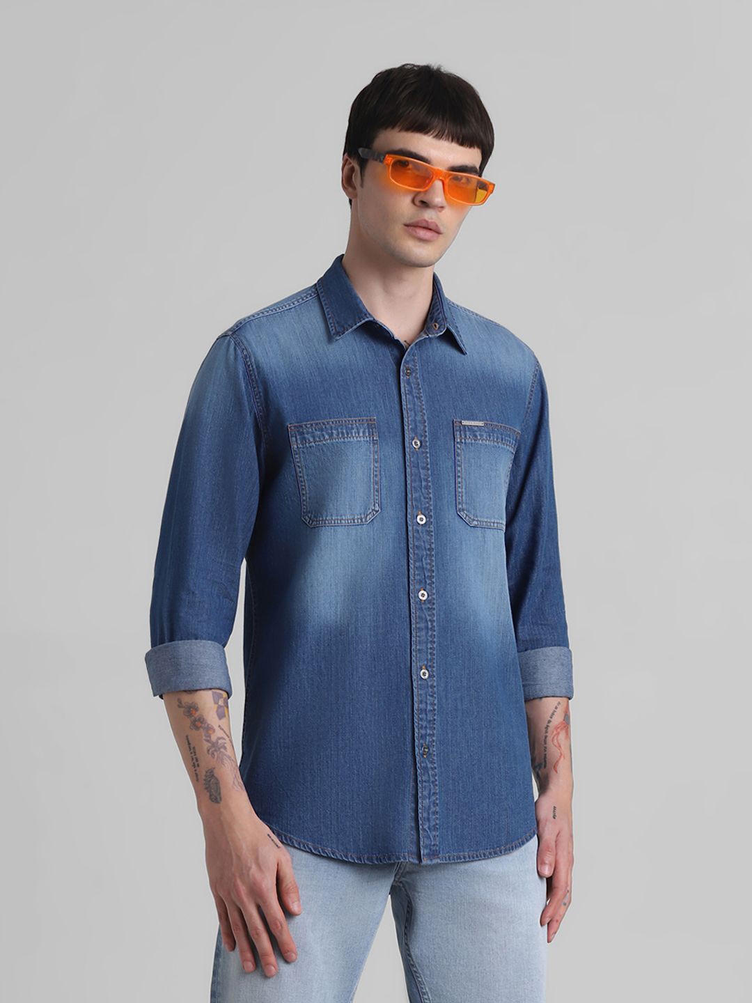 

Jack & Jones Men Spread Collar Solid Relaxed Fit Cotton Casual Shirt, Blue