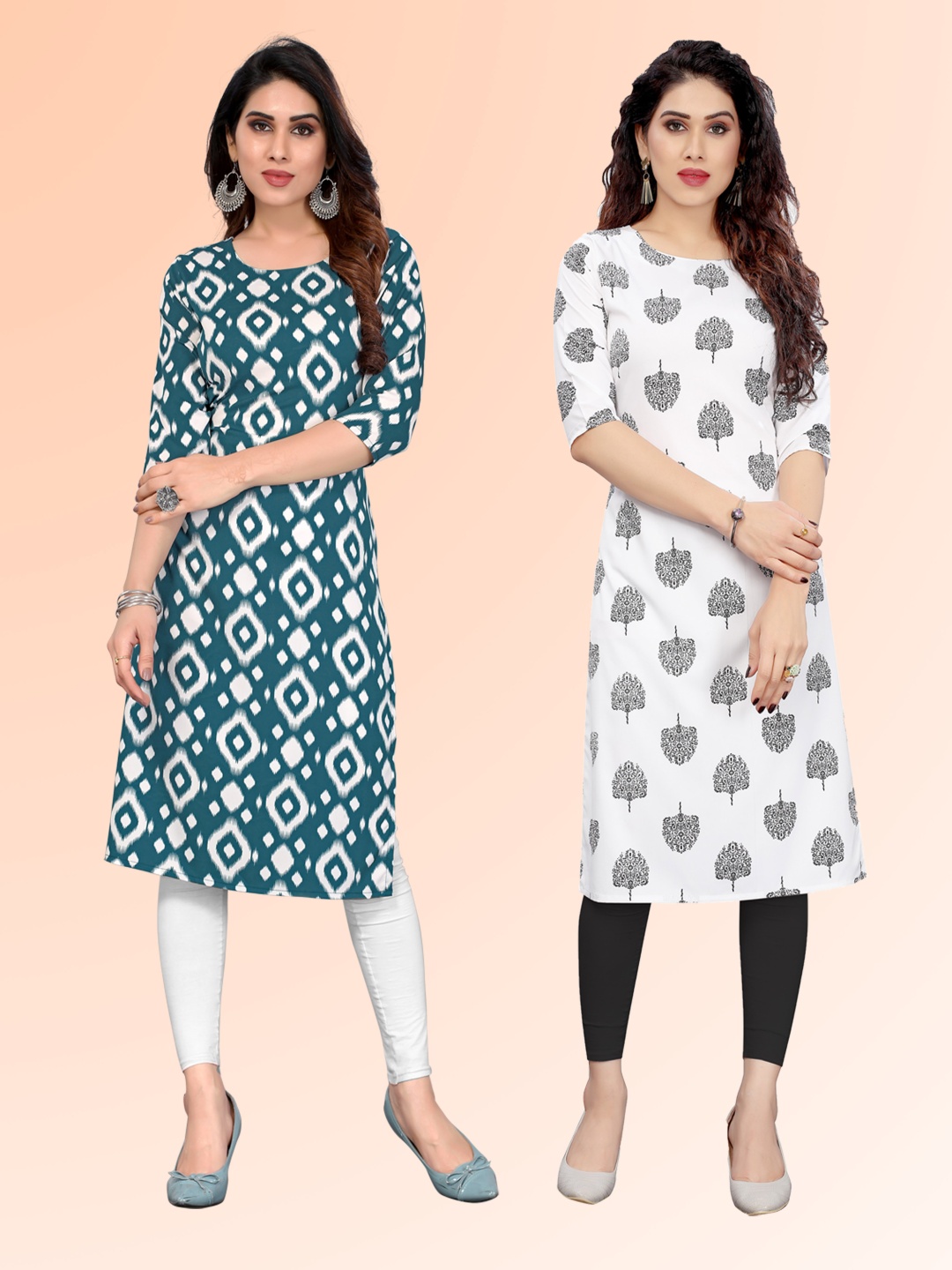 

KETAKI FASHION Selection Of 2 Ethnic Motifs Printed Round Neck Straight Kurtas, White